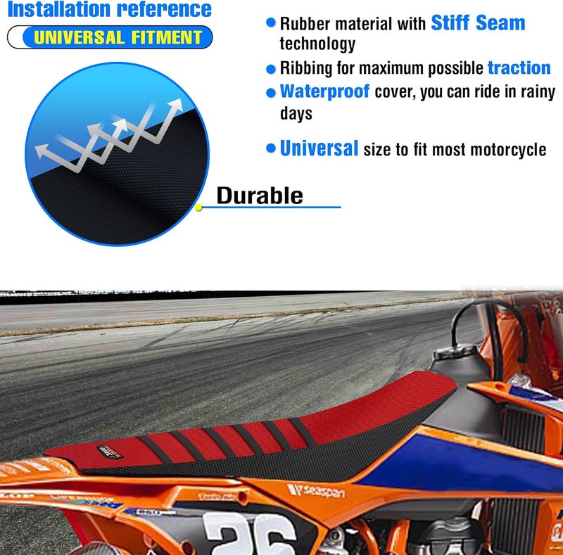 MCHMFG Universal Ribbed Dirt Bike Seat Cover - Gripper Soft Seat Cover for Most Dirt Pit Bike Motorcycle Black-Red - Image 5